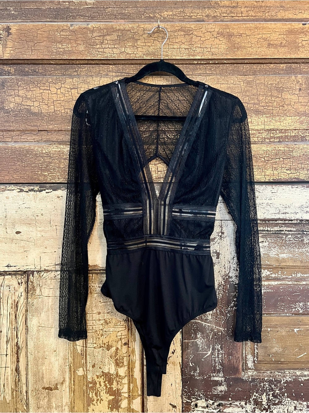 Lulus Black Lace Bodysuit | Sheer Plunge Long Sleeve Top | Size L NWOT